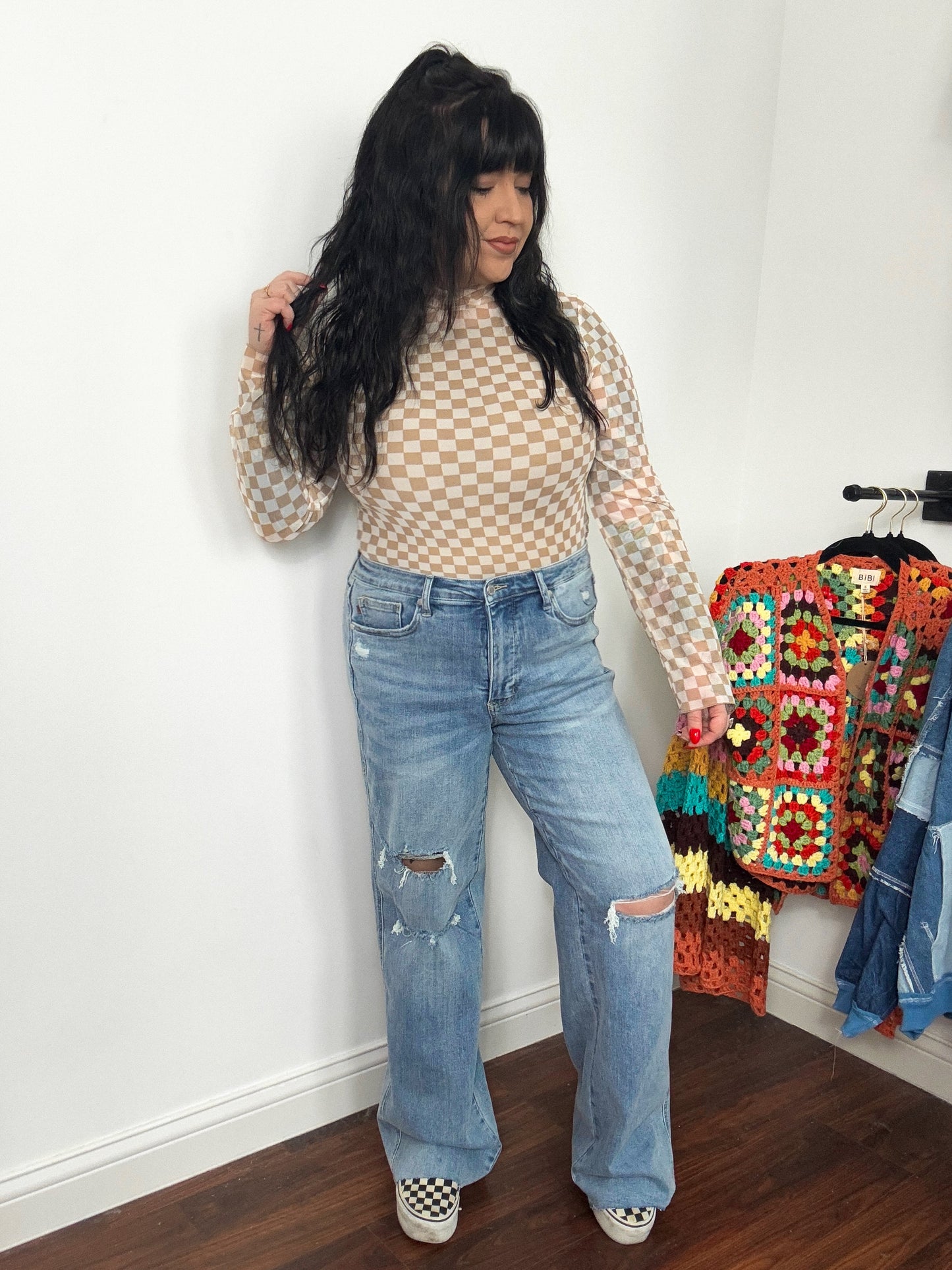 Beige Checked Mesh Top