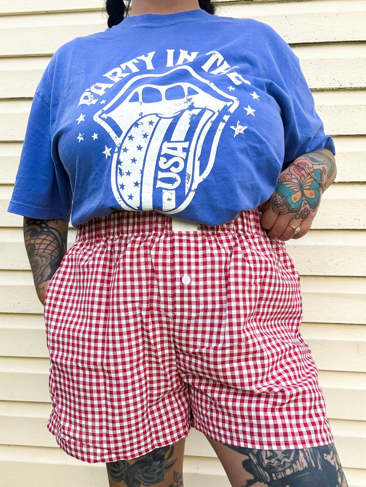 Red Gingham Striped Boxer Shorts (L left)