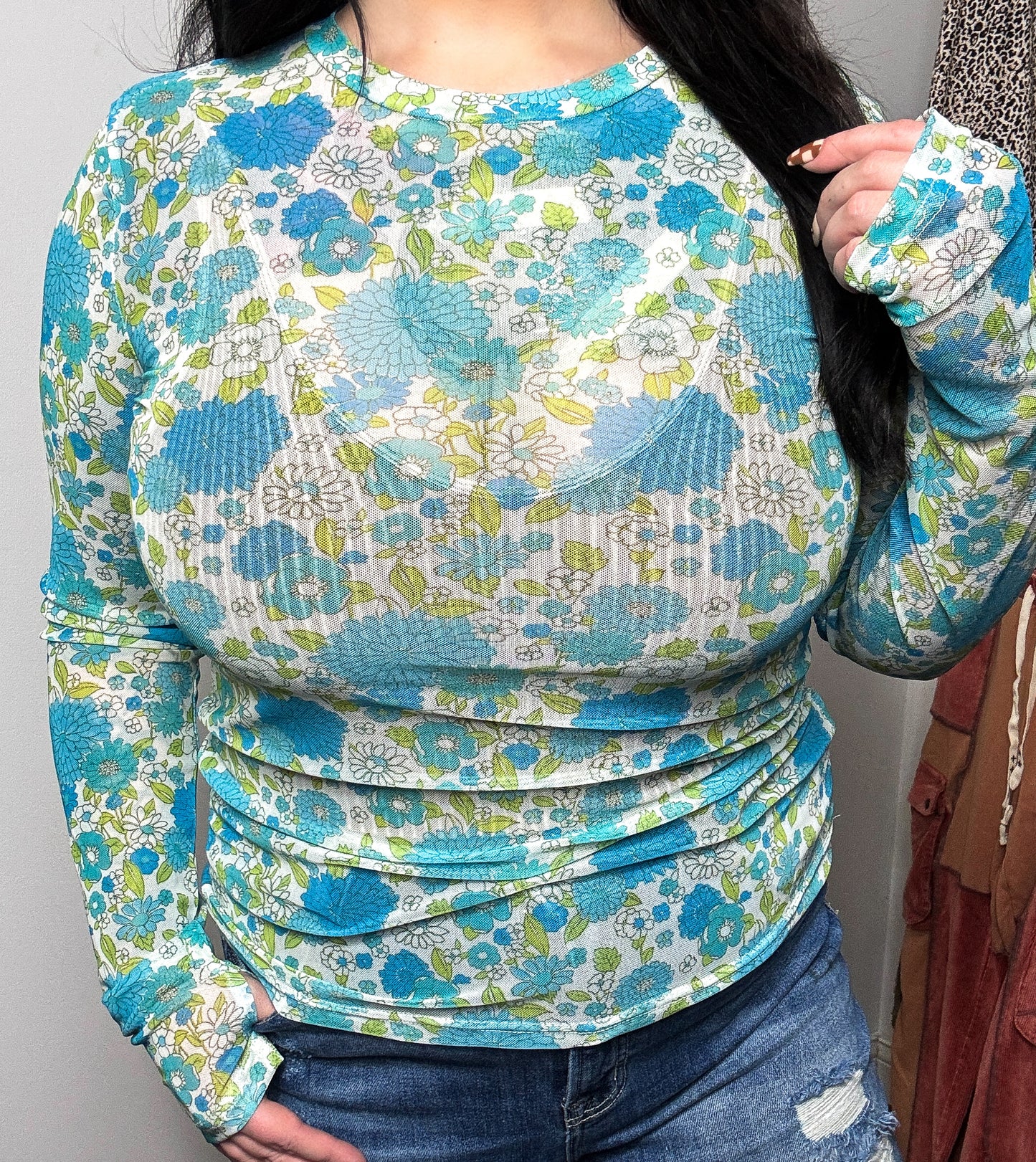 Blue Floral Mesh Top