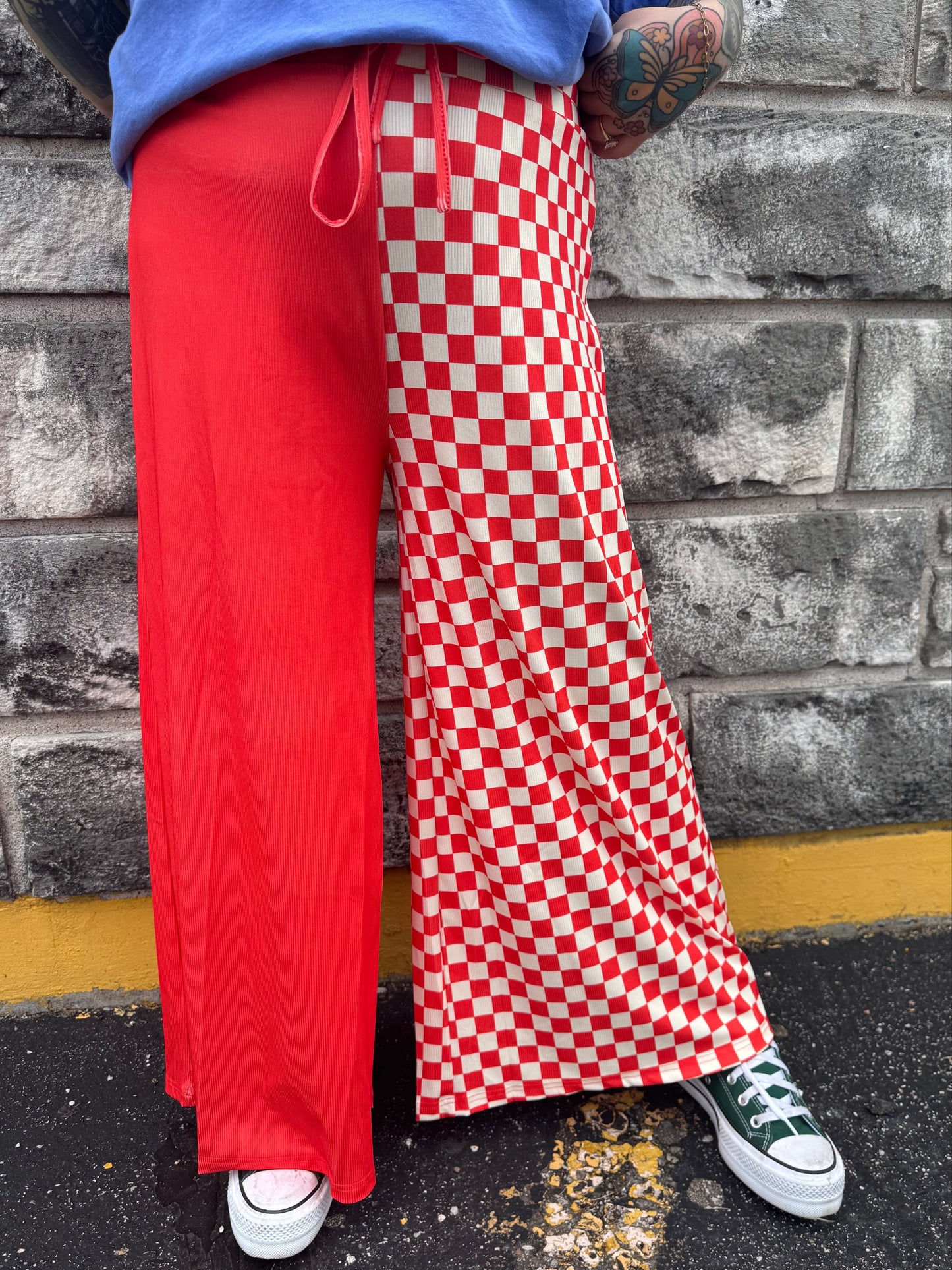 Half Check Red & Ivory Pants