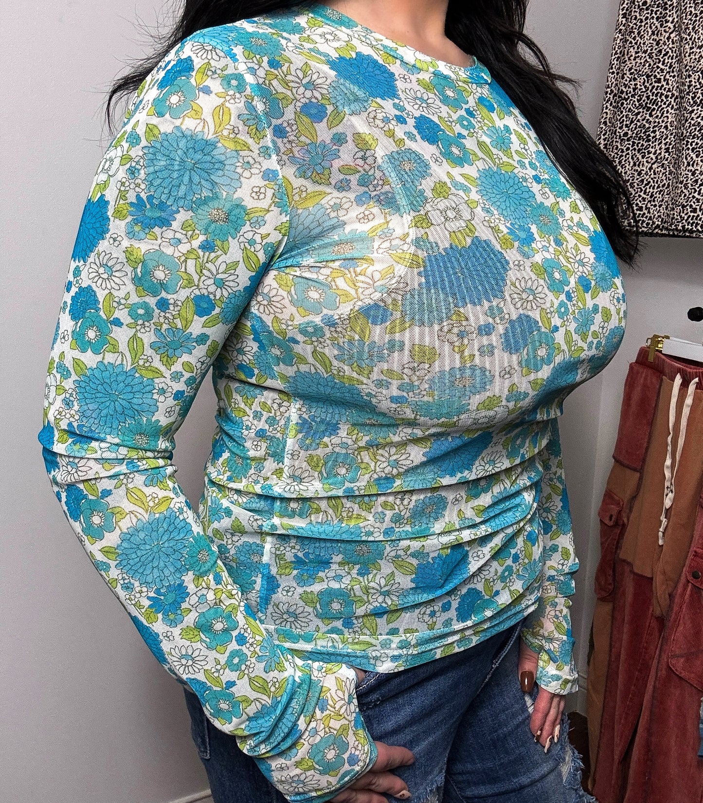 Blue Floral Mesh Top