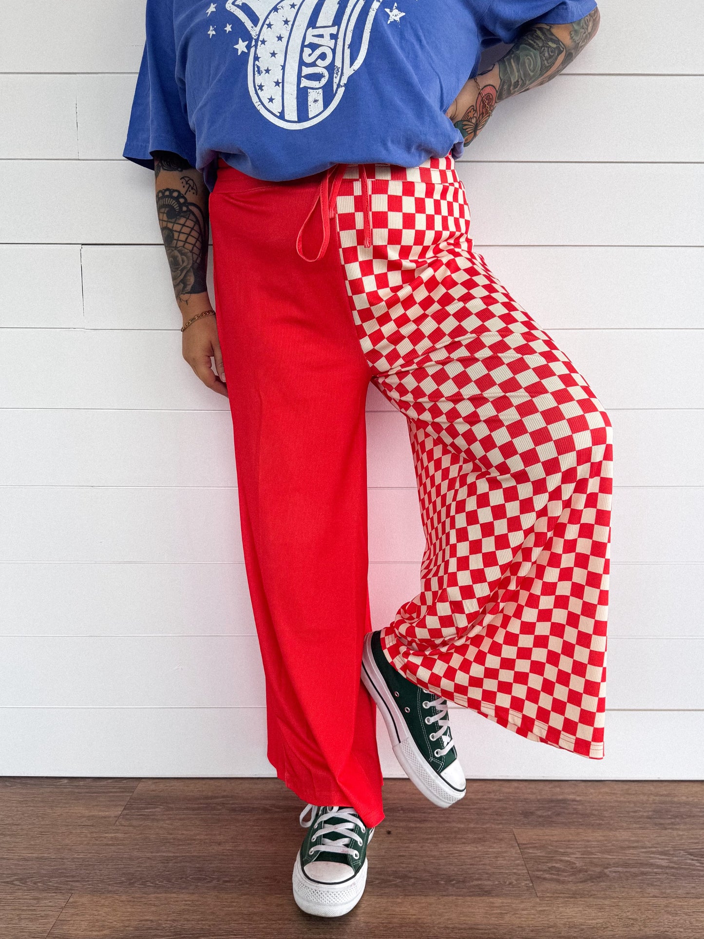 Half Check Red & Ivory Pants