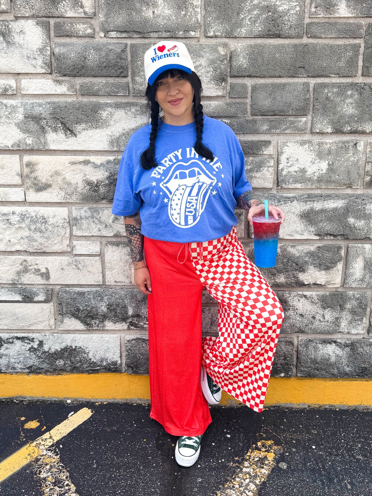 Half Check Red & Ivory Pants