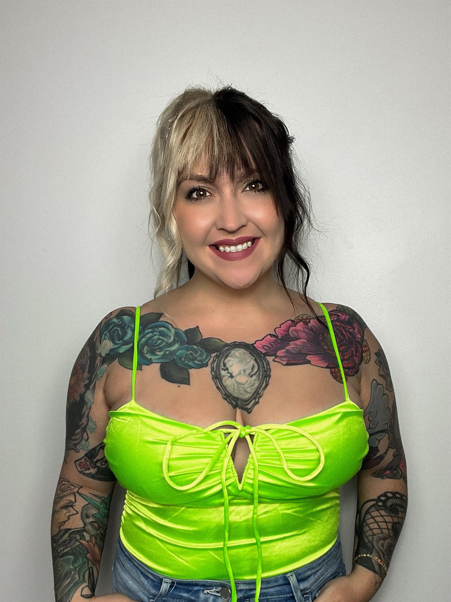 Neon Lime Satin Bodysuit (S left)