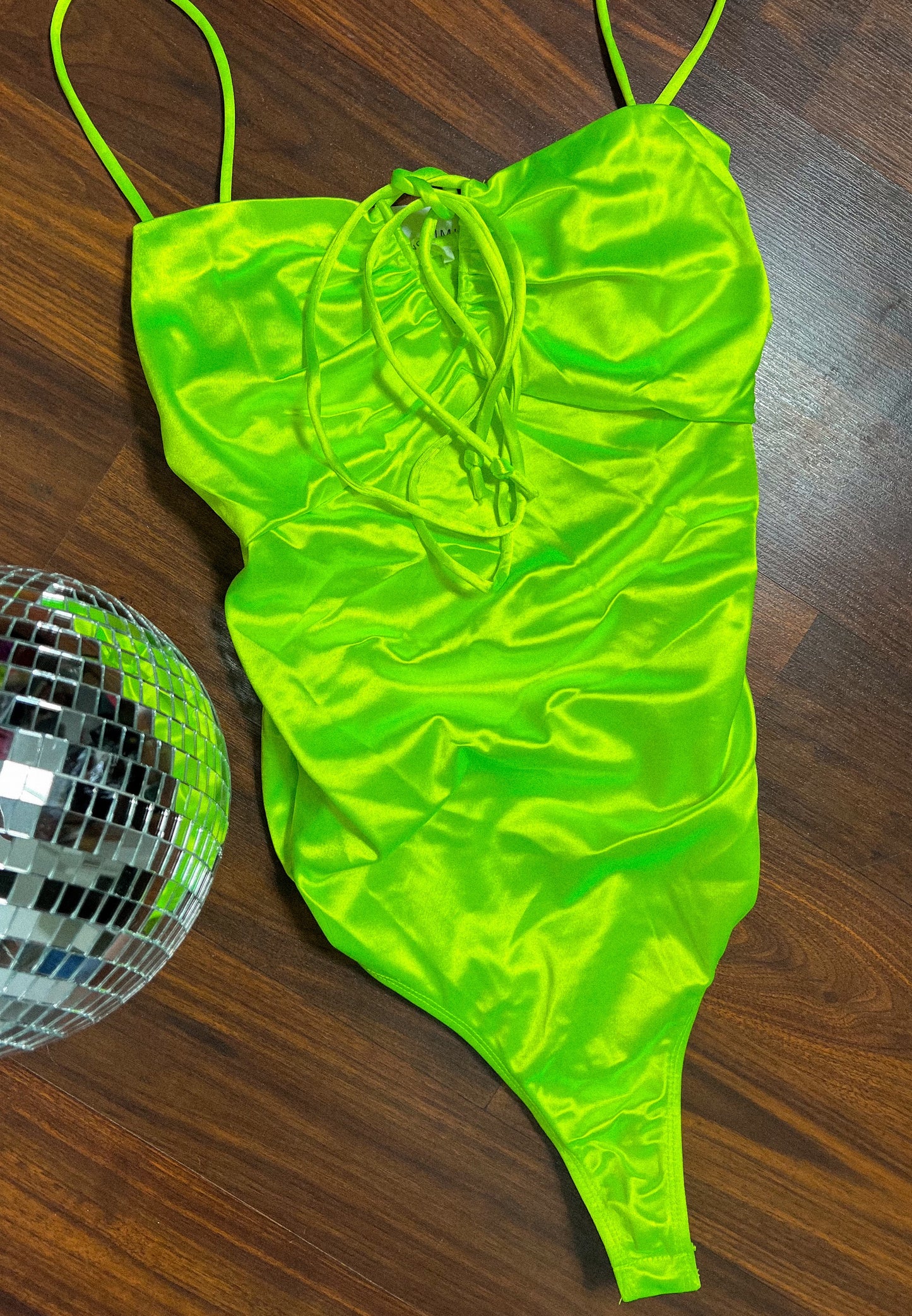 Neon Lime Satin Bodysuit (S left)