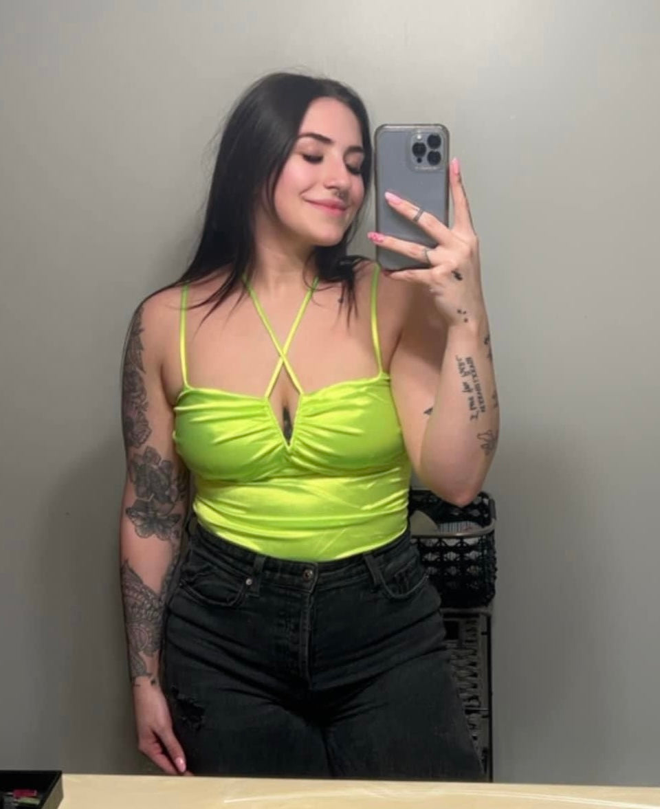 Neon Lime Satin Bodysuit (S left)