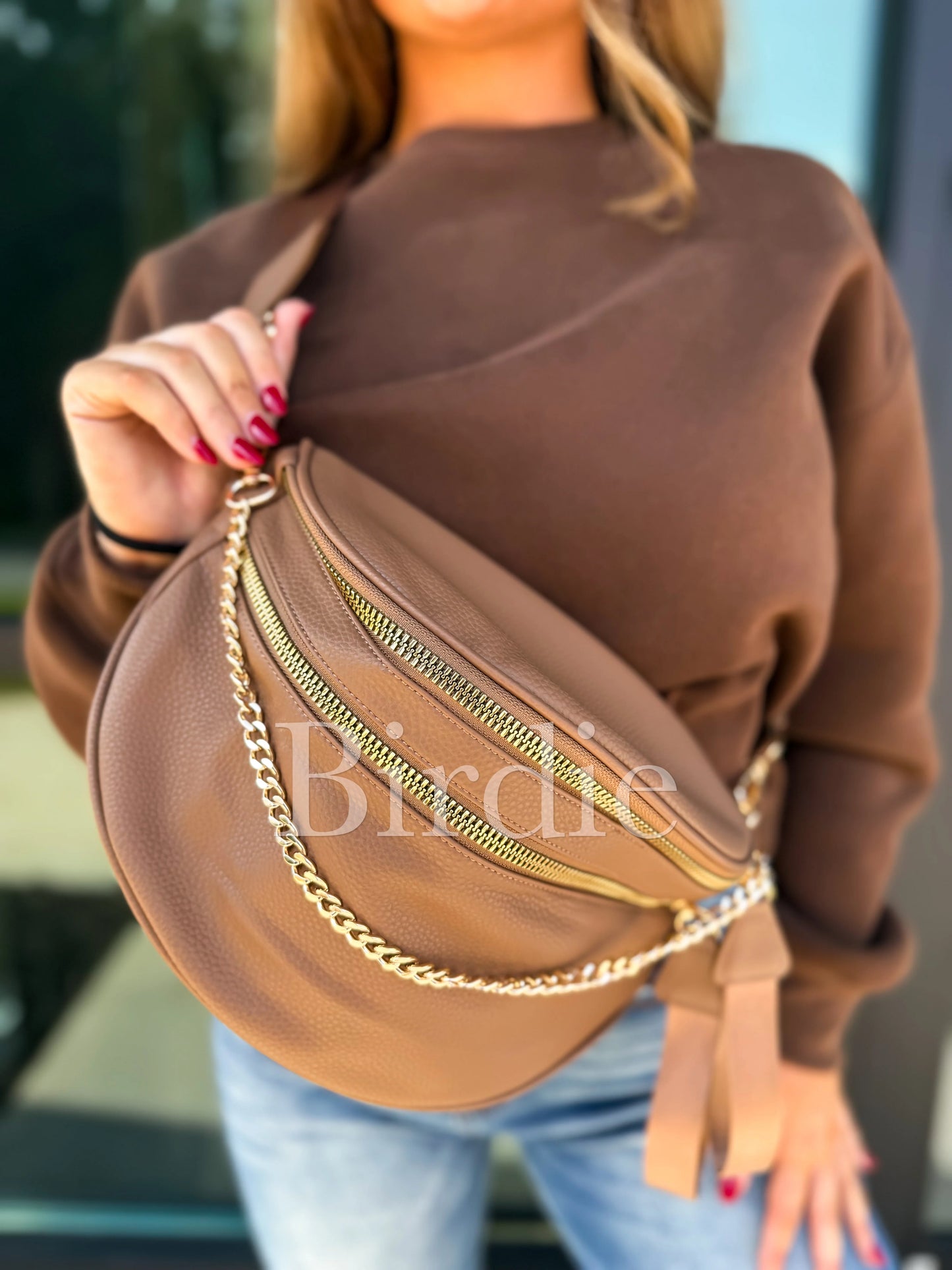 Camel Double Zipper Crossbody