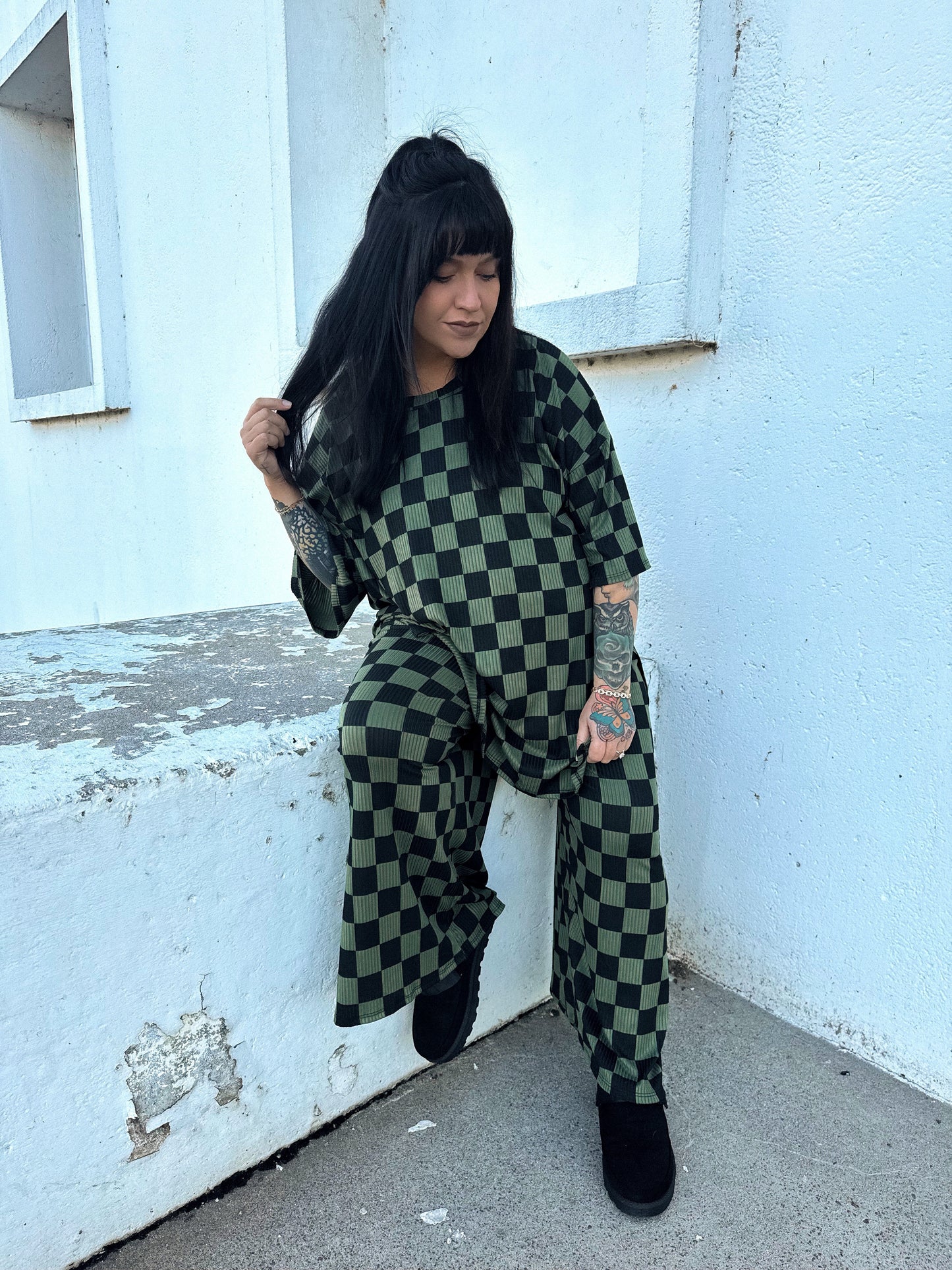 Ribbed Checked Set | Olive