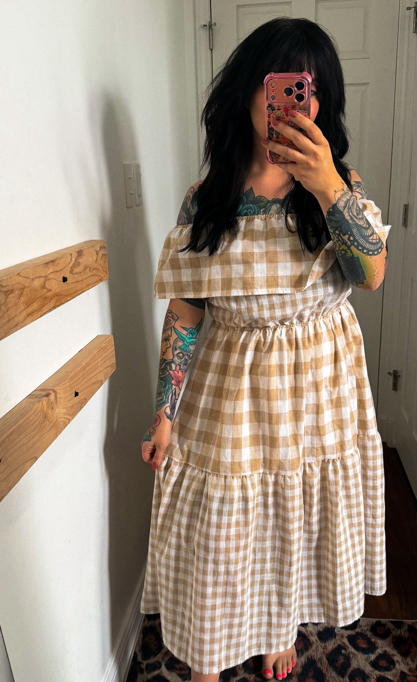 Gingham Off Shoulder Dress : L