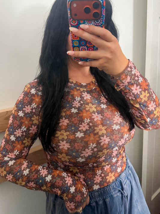 Brown Floral Mesh Top