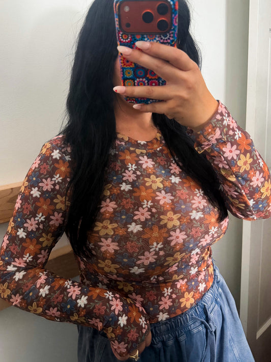 Brown Floral Mesh Top