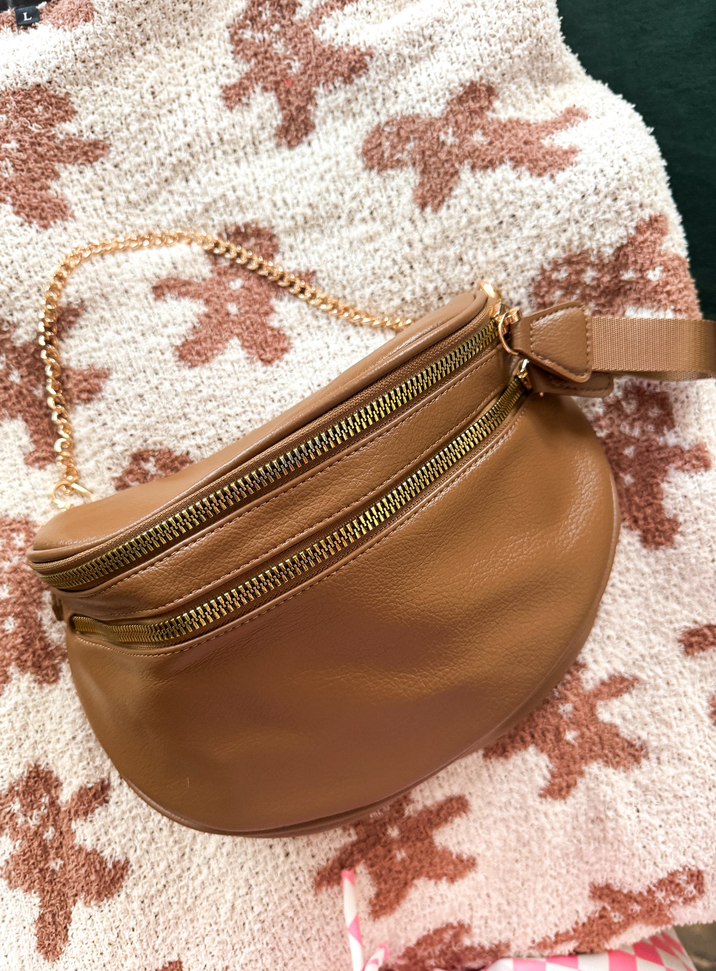 Camel Double Zipper Crossbody