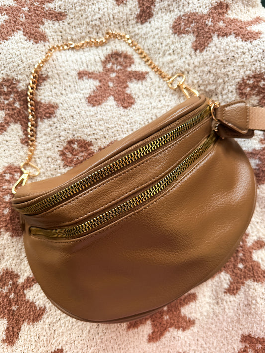 Camel Double Zipper Crossbody