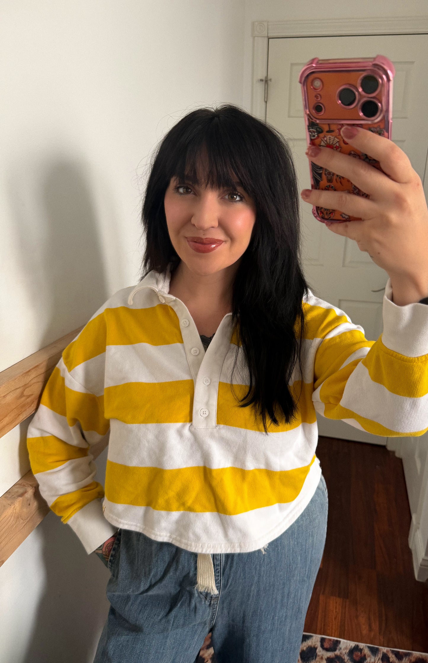 Yellow Stripe Crop Polo : S
