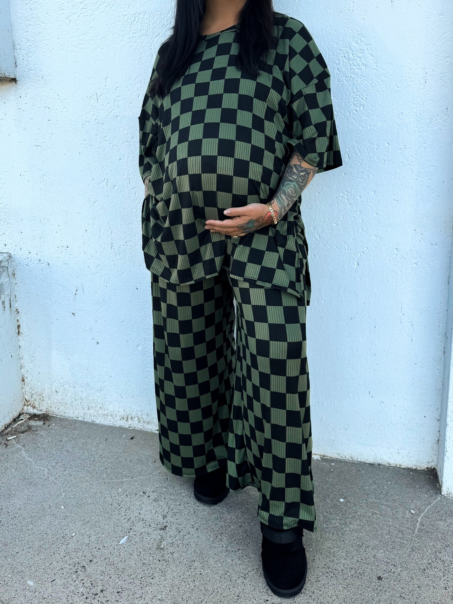 Ribbed Checked Set | Olive