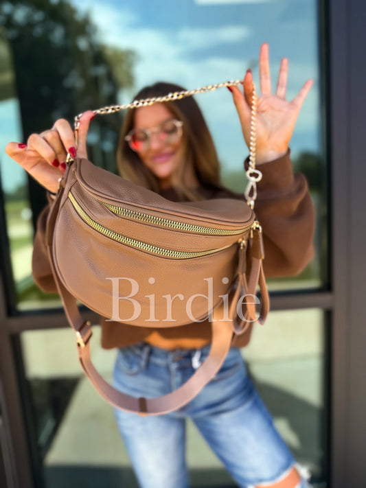 Camel Double Zipper Crossbody | PREORDER