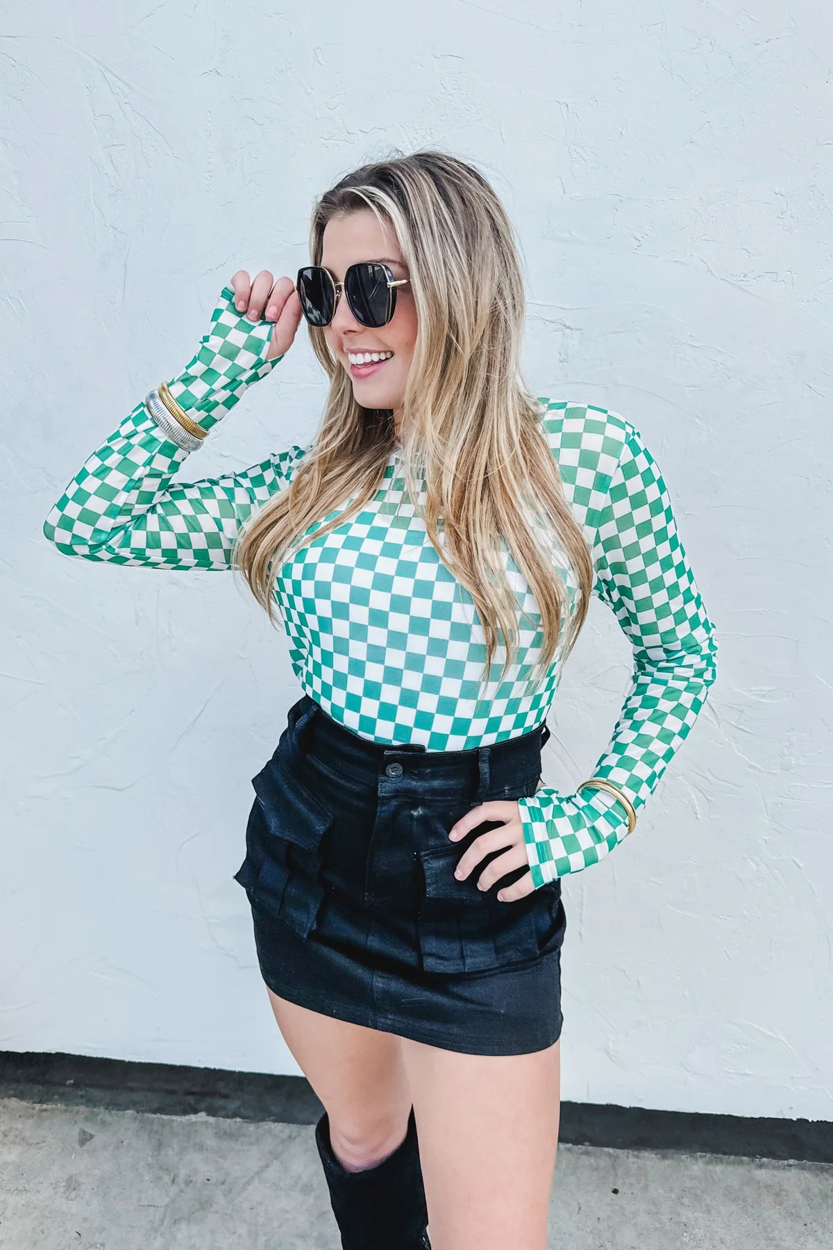 Green Checkered Mesh Top