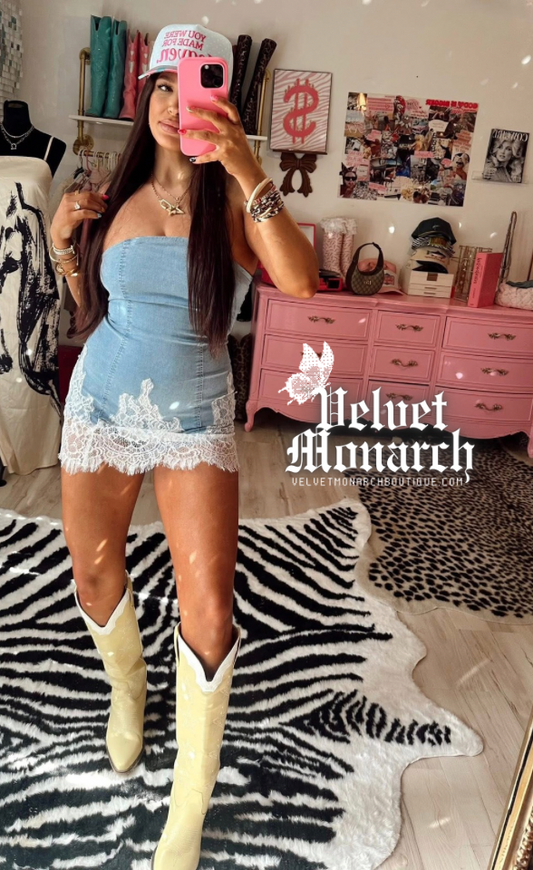 Denim Lace Romper : PREORDER